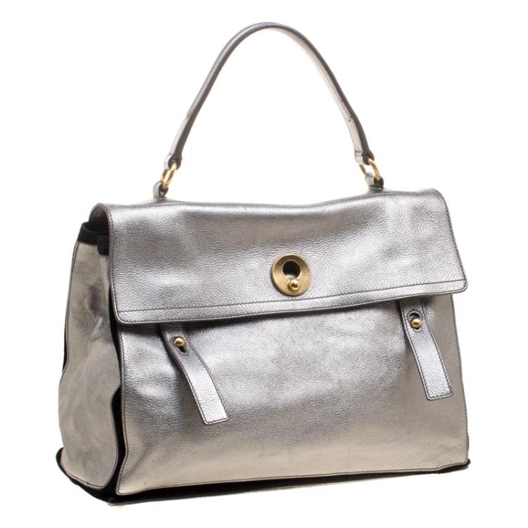 Pre Owned Saint Laurent Paris Silver Leather Large Muse Two Satchel