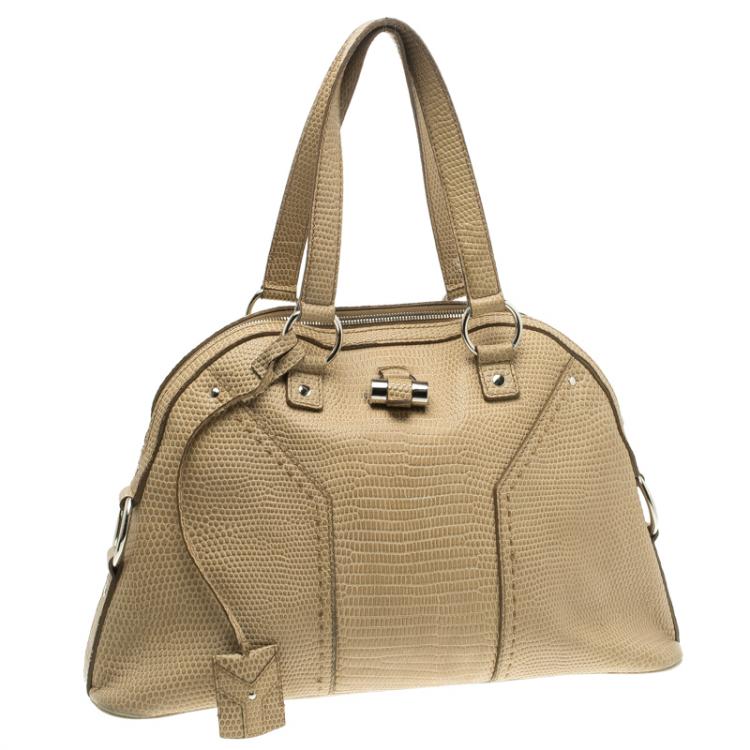 Pre Owned Saint Laurent Paris Beige Lizard Embossed Leather Large Muse Bag