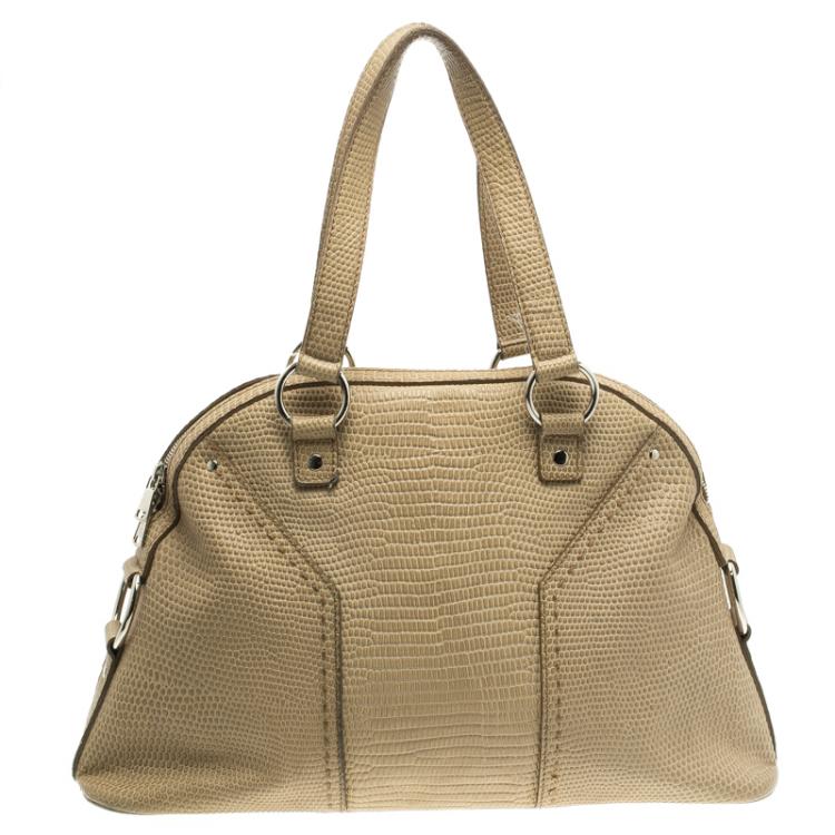 Pre Owned Saint Laurent Paris Beige Lizard Embossed Leather Large Muse Bag