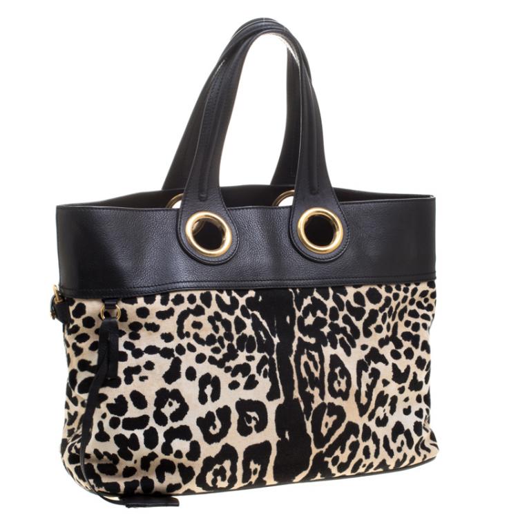 Pre Owned Saint Laurent Paris Black Leopard Print Canvas and Leather Palma Tote