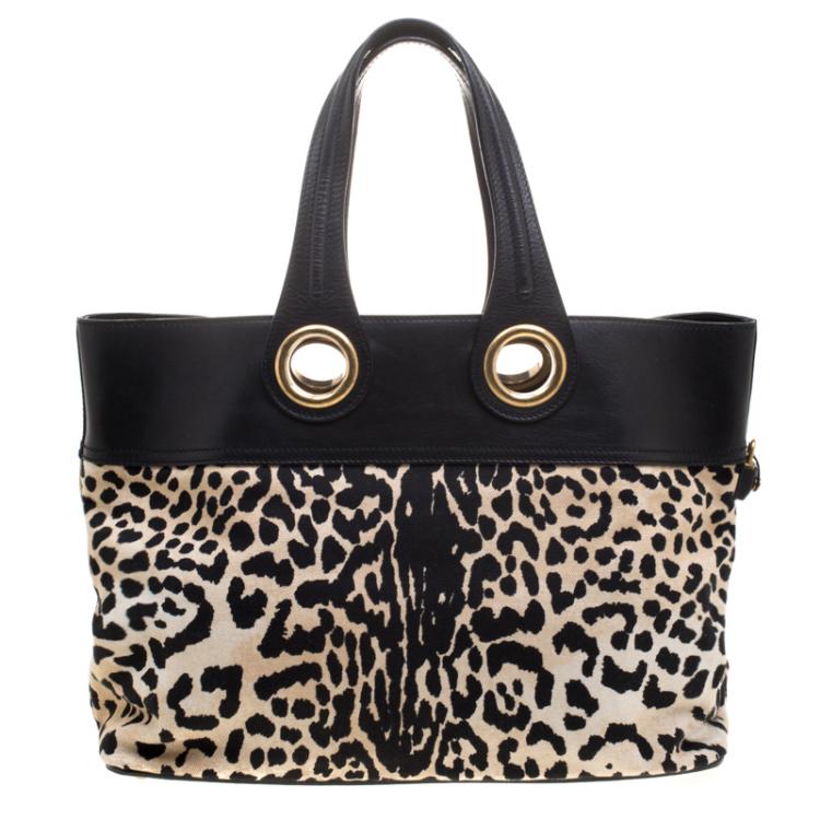 Pre Owned Saint Laurent Paris Black Leopard Print Canvas and Leather Palma Tote