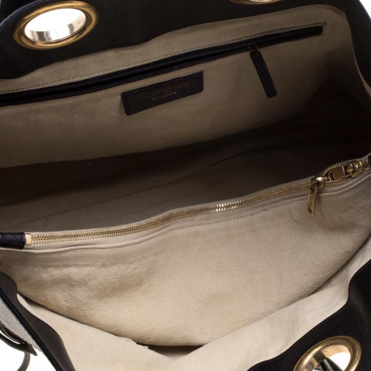 Pre Owned Saint Laurent Paris Black Leopard Print Canvas and Leather Palma Tote