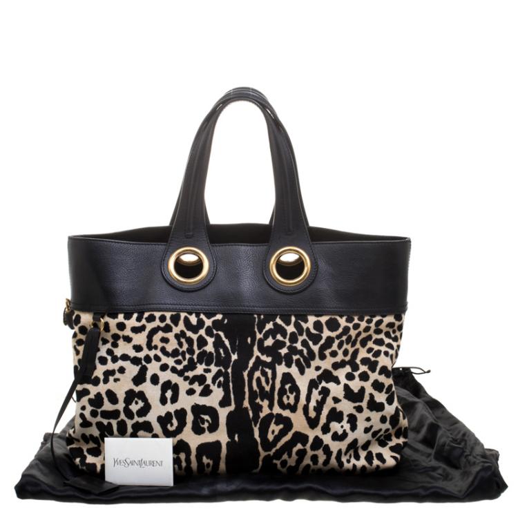 Pre Owned Saint Laurent Paris Black Leopard Print Canvas and Leather Palma Tote