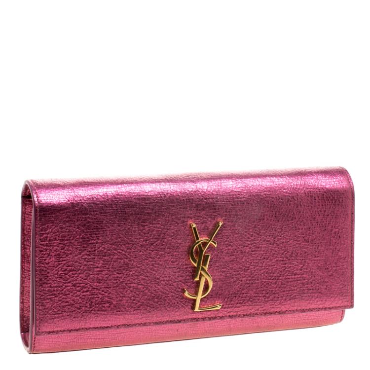 Pre Owned Saint Laurent Paris Metallic Pink Leather Cassandre Clutch