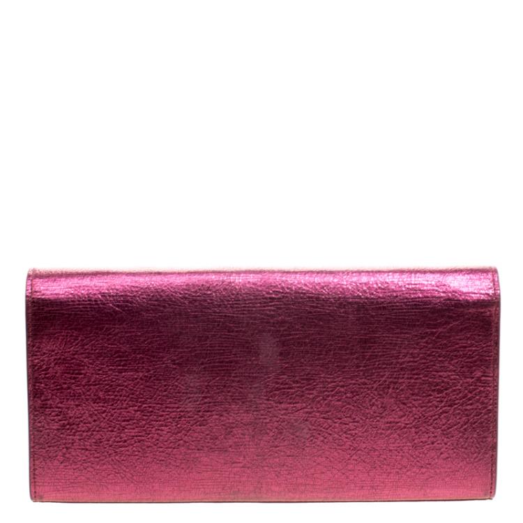 Pre Owned Saint Laurent Paris Metallic Pink Leather Cassandre Clutch