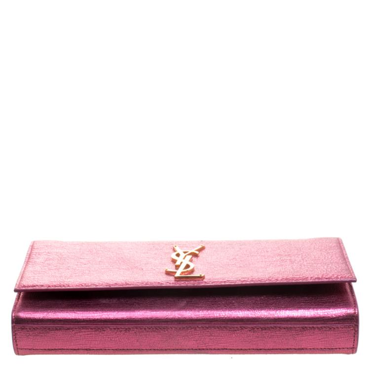 Pre Owned Saint Laurent Paris Metallic Pink Leather Cassandre Clutch