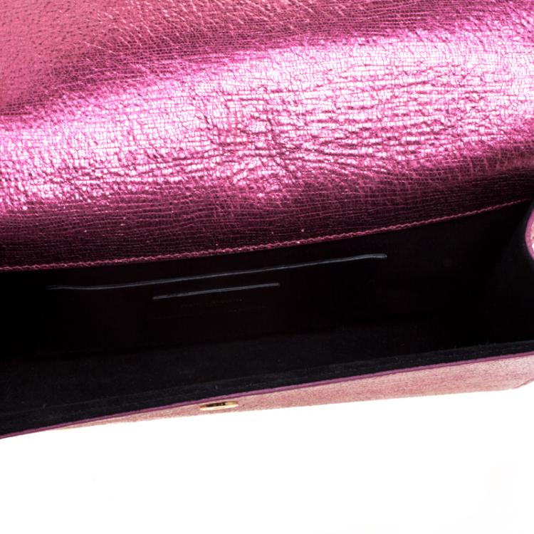 Pre Owned Saint Laurent Paris Metallic Pink Leather Cassandre Clutch
