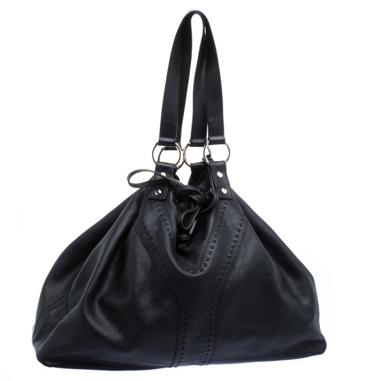 Pre Owned Saint Laurent Paris Black Leather Drawstring Tote