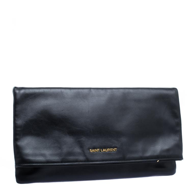 Pre Owned Saint Laurent Paris Black Leather Large Foldover Clutch