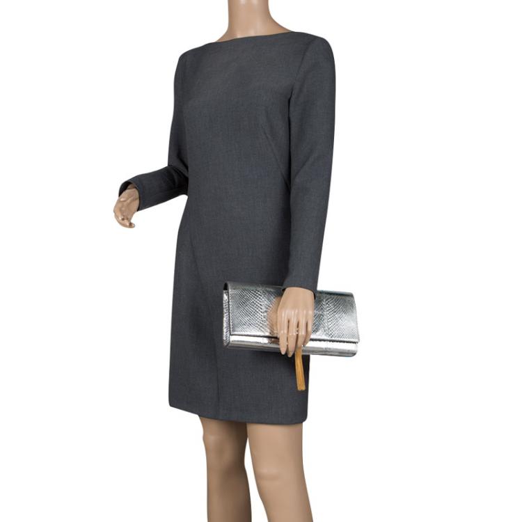 Pre Owned Saint Laurent Paris Silver Python Kate Tassel Clutch
