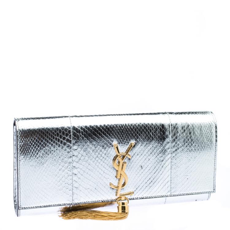 Pre Owned Saint Laurent Paris Silver Python Kate Tassel Clutch
