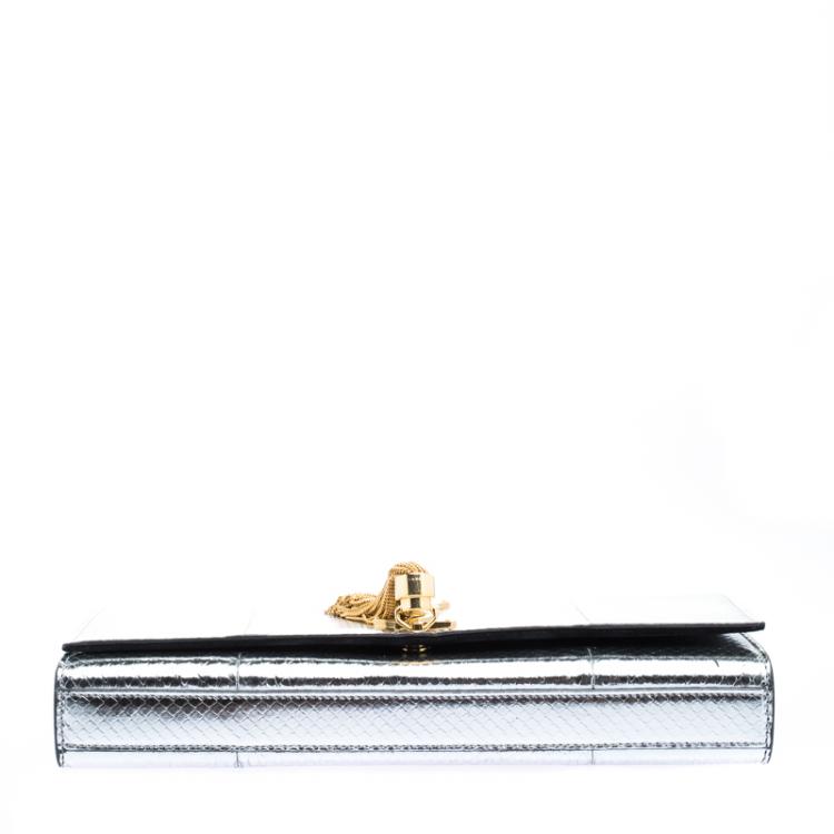 Pre Owned Saint Laurent Paris Silver Python Kate Tassel Clutch