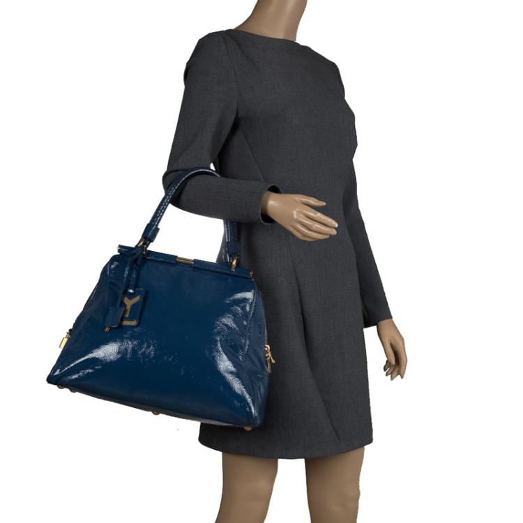 Pre Owned Saint Laurent Paris Navy Blue Patent Leather Medium Majorelle Satchel