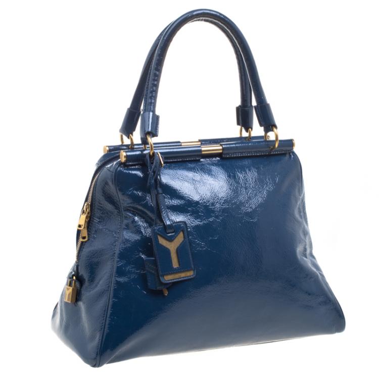 Pre Owned Saint Laurent Paris Navy Blue Patent Leather Medium Majorelle Satchel