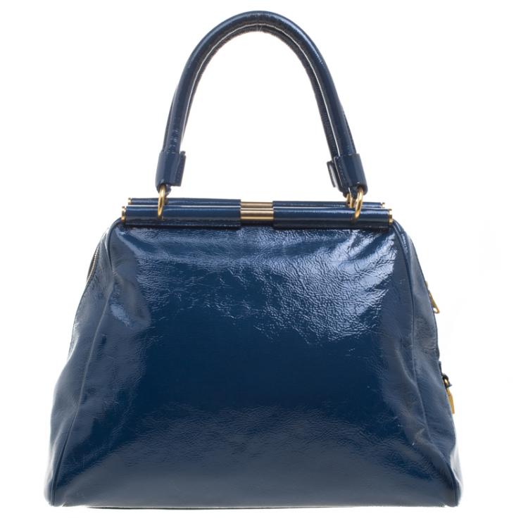 Pre Owned Saint Laurent Paris Navy Blue Patent Leather Medium Majorelle Satchel