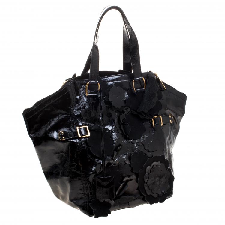 Pre Owned Saint Laurent Black Patent Leather Large Floral Applique Downtown Tote