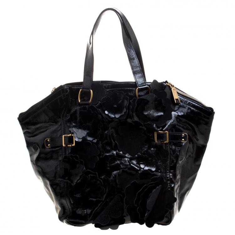 Pre Owned Saint Laurent Black Patent Leather Large Floral Applique Downtown Tote