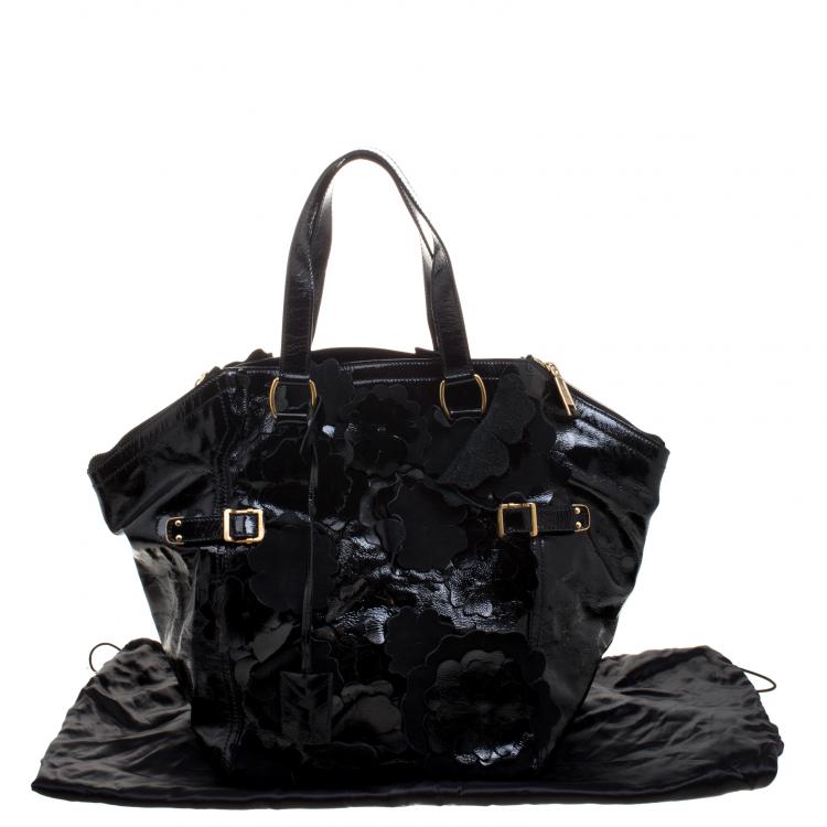 Pre Owned Saint Laurent Black Patent Leather Large Floral Applique Downtown Tote