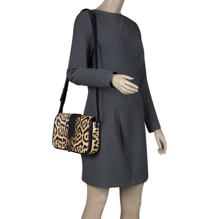 Pre Owned Saint Laurent Beige Leopard Print Calfhair Chyc Flap Shoudler Bag