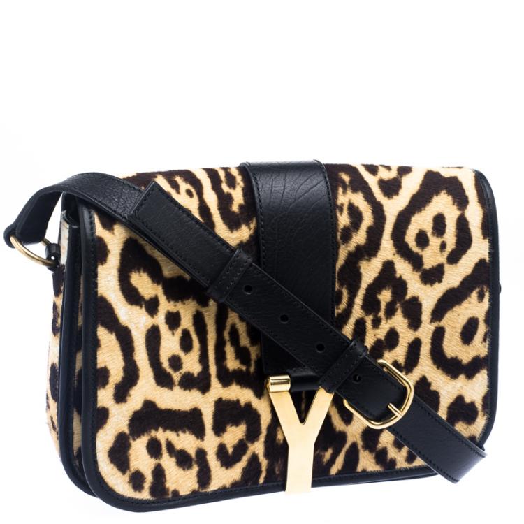 Pre Owned Saint Laurent Beige Leopard Print Calfhair Chyc Flap Shoudler Bag