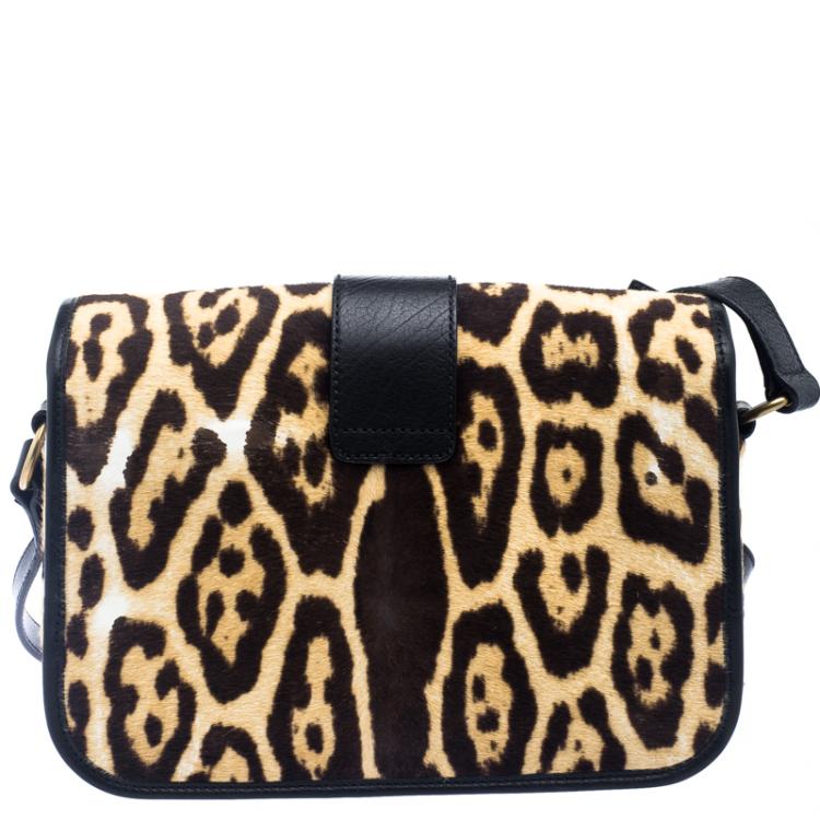Pre Owned Saint Laurent Beige Leopard Print Calfhair Chyc Flap Shoudler Bag
