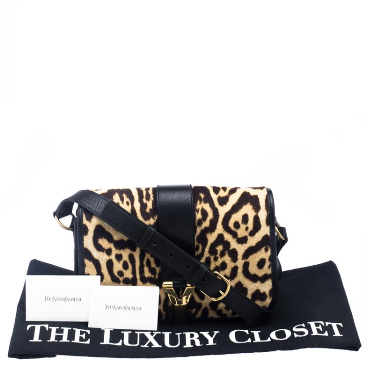 Pre Owned Saint Laurent Beige Leopard Print Calfhair Chyc Flap Shoudler Bag