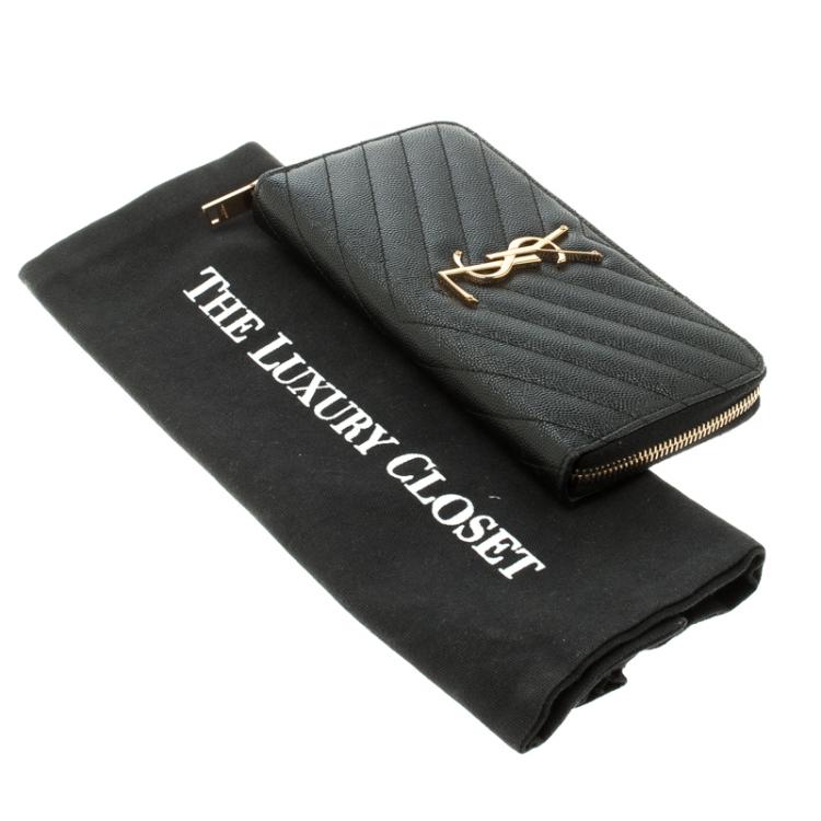 Pre Owned Saint Laurent Black Leather Monogram Zip Around Wallet