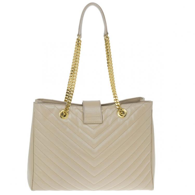 Pre Owned Saint Laurent Paris Beige Chevron Leather Classic Monogram Shopping Tote