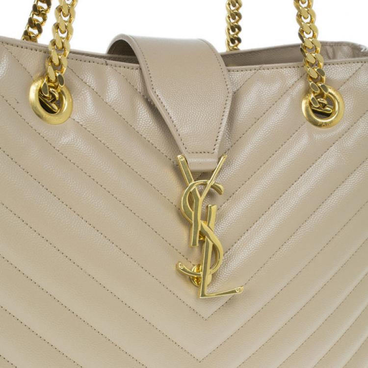 Pre Owned Saint Laurent Paris Beige Chevron Leather Classic Monogram Shopping Tote