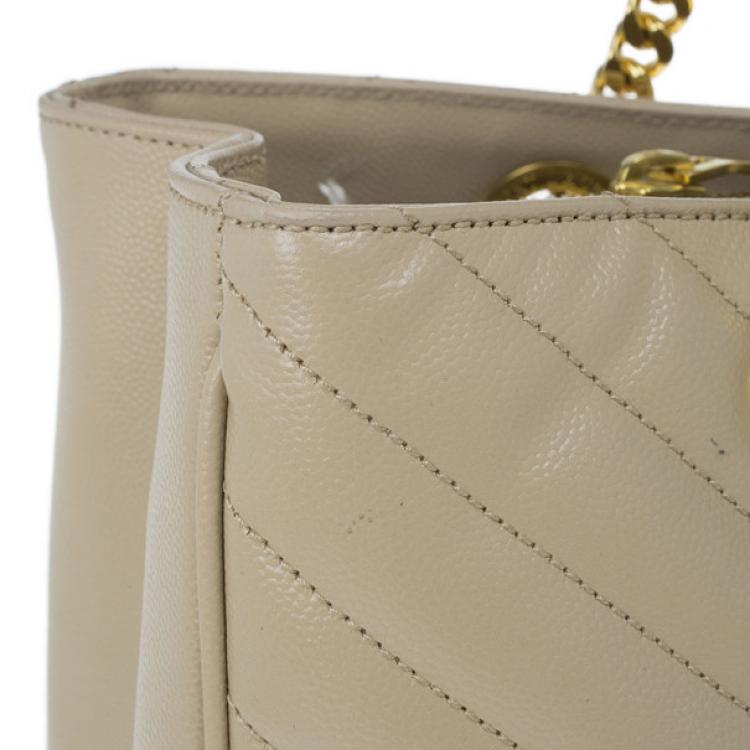 Pre Owned Saint Laurent Paris Beige Chevron Leather Classic Monogram Shopping Tote