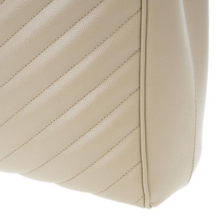 Pre Owned Saint Laurent Paris Beige Chevron Leather Classic Monogram Shopping Tote