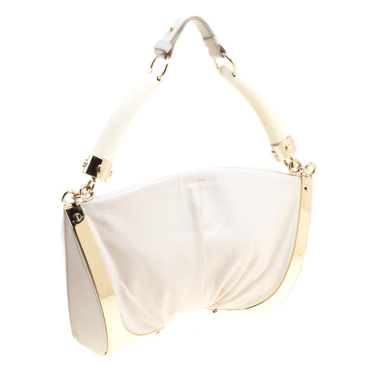 Pre Owned Saint Laurent White Leather Double Horn Shoulder Bag