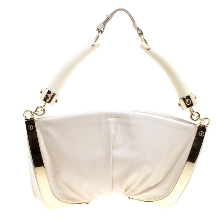 Pre Owned Saint Laurent White Leather Double Horn Shoulder Bag