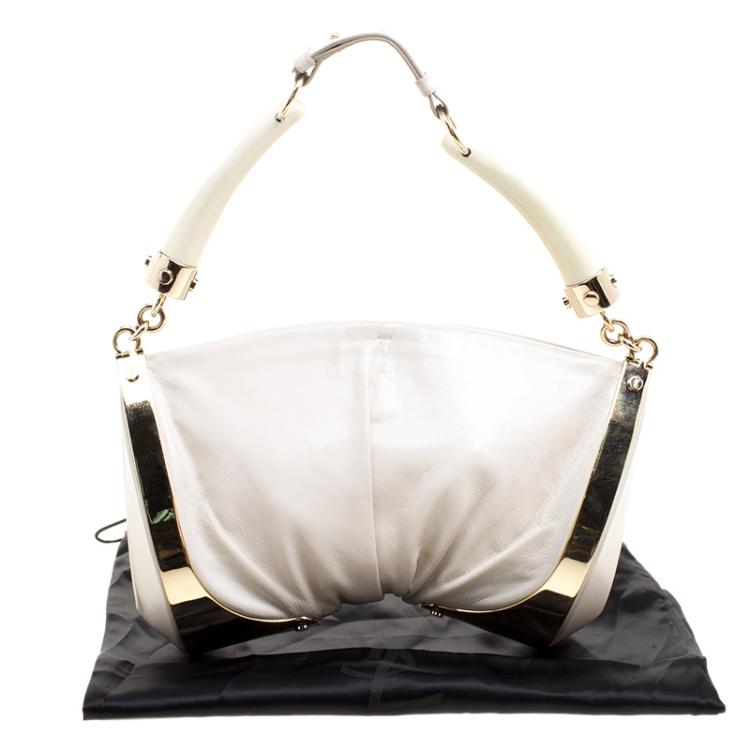 Pre Owned Saint Laurent White Leather Double Horn Shoulder Bag