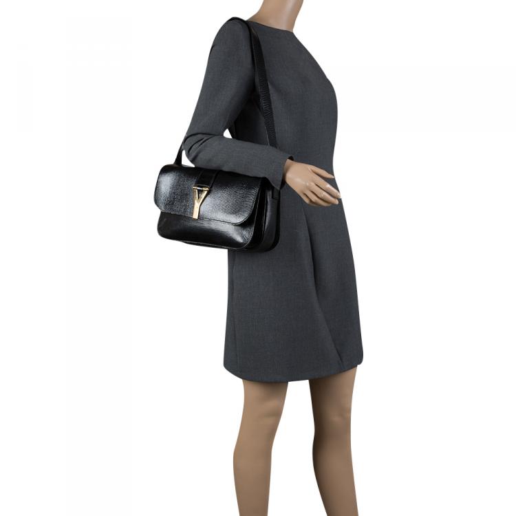 Pre Owned Saint Laurent Black Textured Patent Leather Large Chyc Shoulder Bag