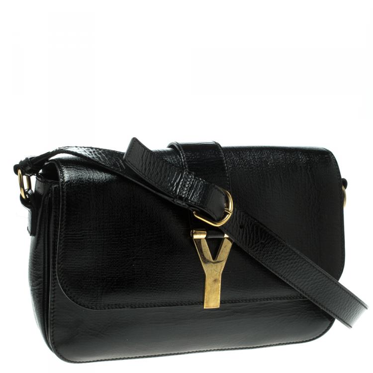 Pre Owned Saint Laurent Black Textured Patent Leather Large Chyc Shoulder Bag