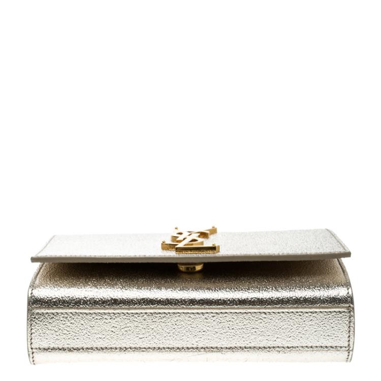 Pre Owned Saint Laurent Metallic Gold Leather Monogram Small Shoulder Bag