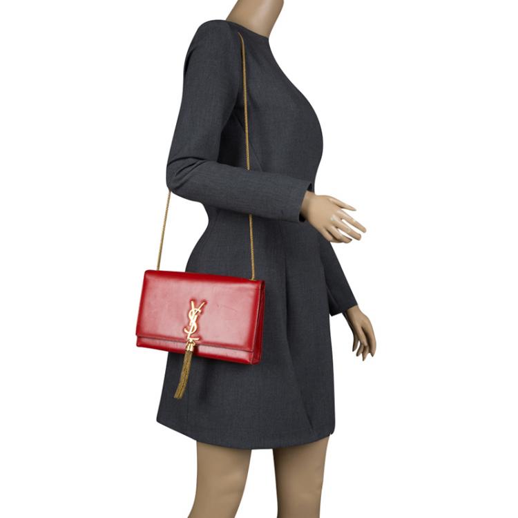 Pre Owned Saint Laurent Red Leather Kate Monogram Tassel Shoulder Bag