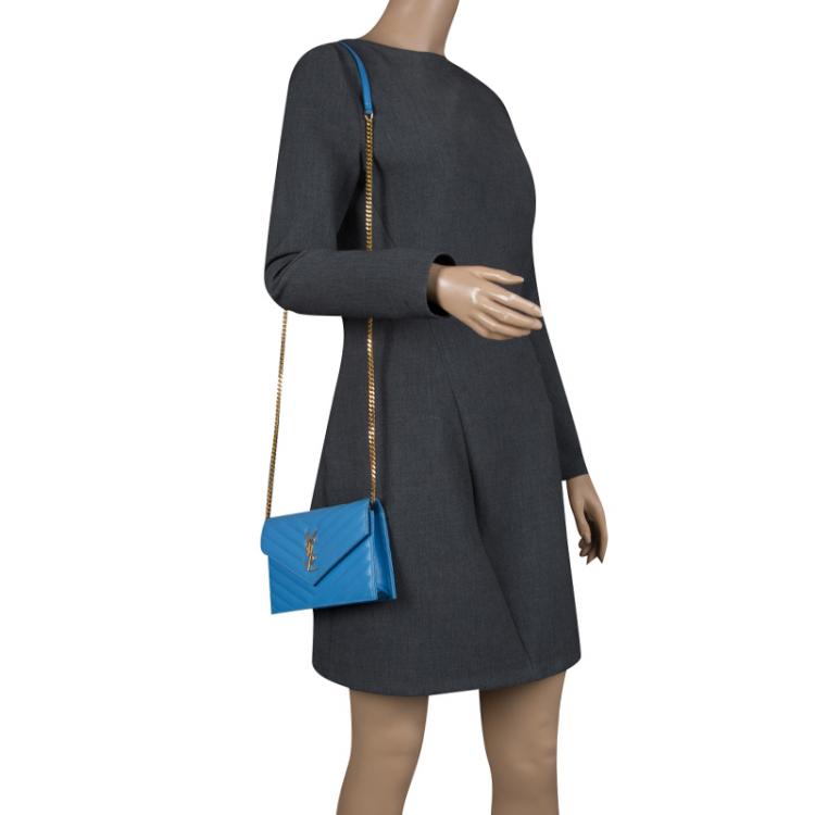 Pre Owned Saint Laurent Blue Matelasse Leather Envelope Chain Clutch