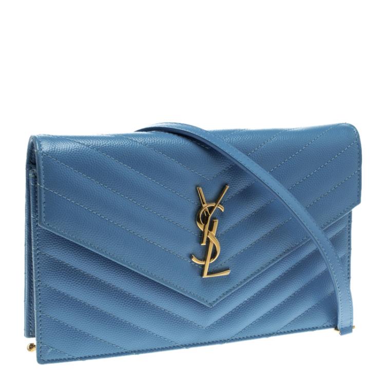 Pre Owned Saint Laurent Blue Matelasse Leather Envelope Chain Clutch