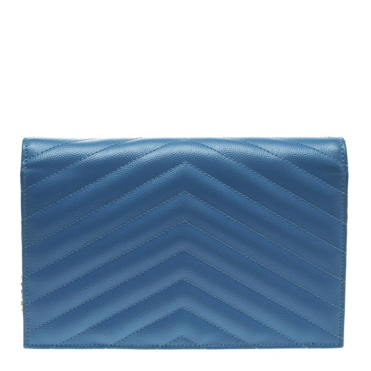 Pre Owned Saint Laurent Blue Matelasse Leather Envelope Chain Clutch