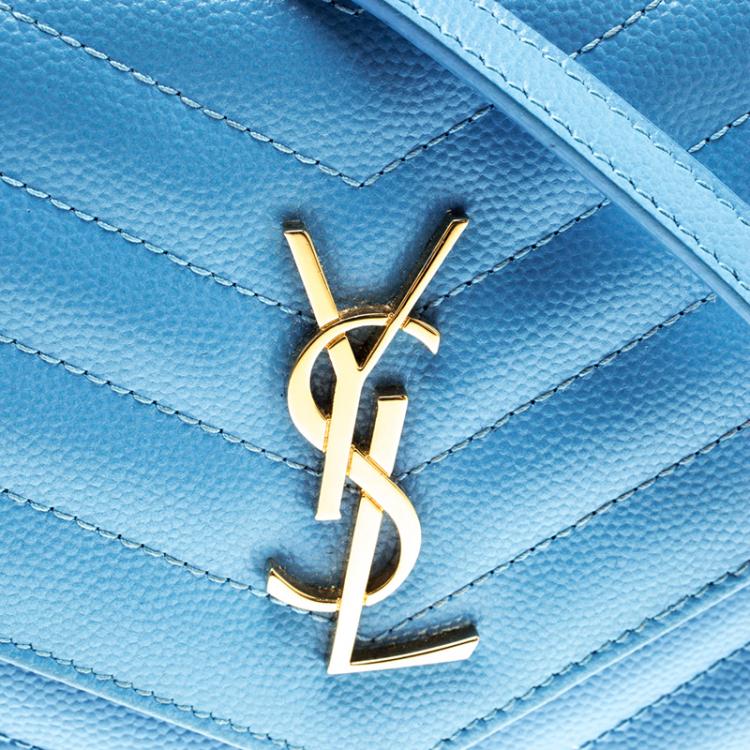 Pre Owned Saint Laurent Blue Matelasse Leather Envelope Chain Clutch