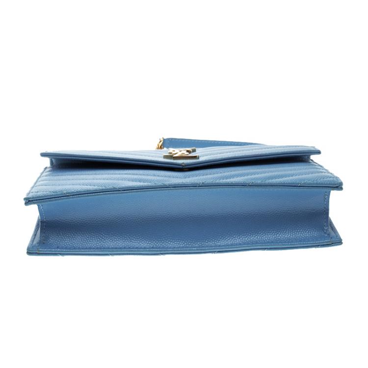 Pre Owned Saint Laurent Blue Matelasse Leather Envelope Chain Clutch
