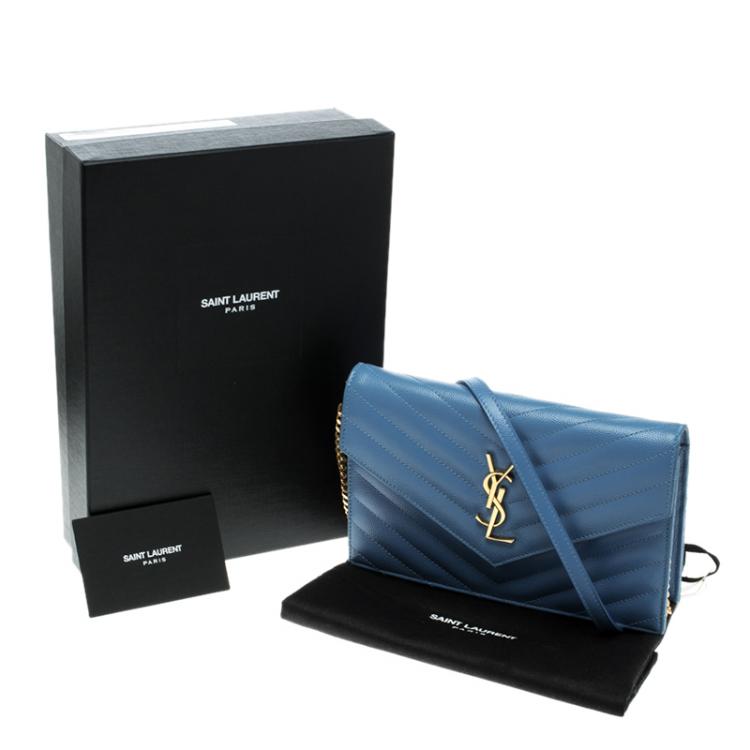 Pre Owned Saint Laurent Blue Matelasse Leather Envelope Chain Clutch