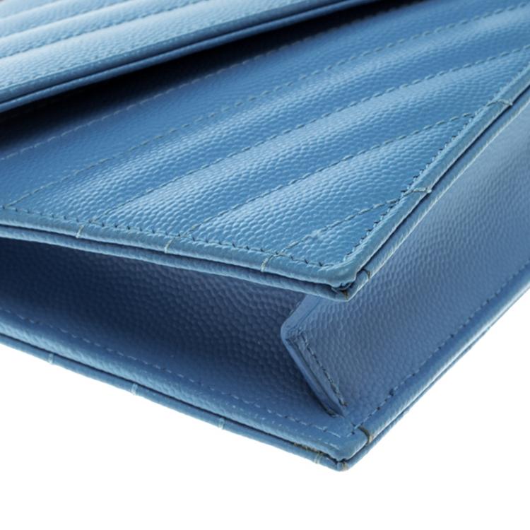 Pre Owned Saint Laurent Blue Matelasse Leather Envelope Chain Clutch