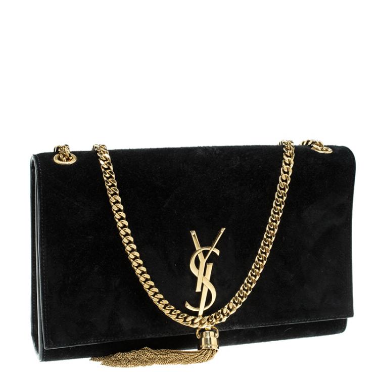 Pre Owned Saint Laurent Black Suede Large Cassandre Tassel Shoulder Bag