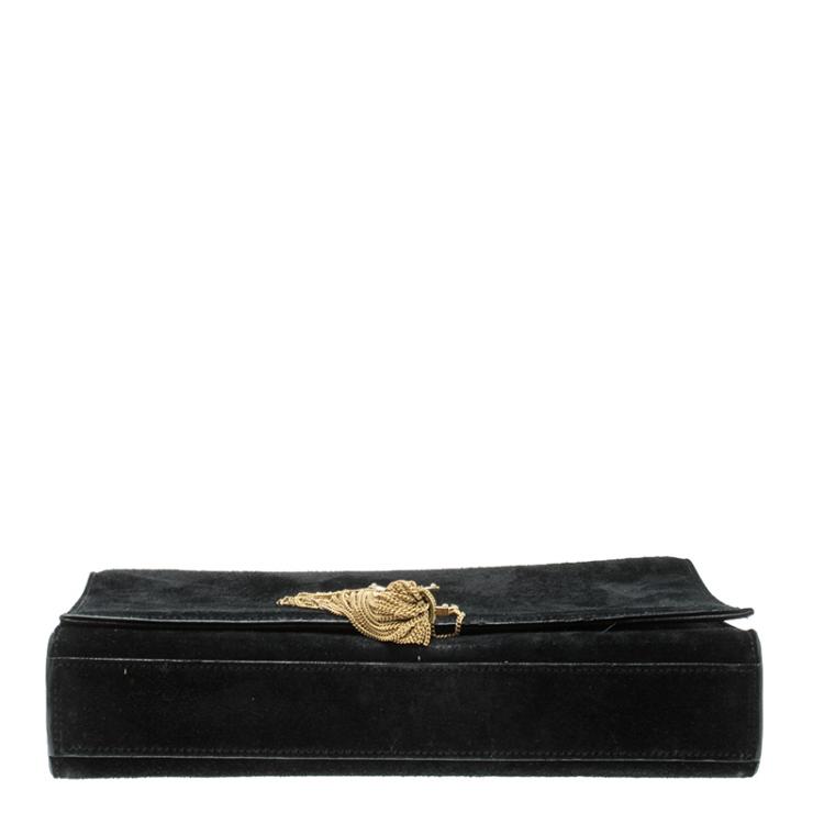 Pre Owned Saint Laurent Black Suede Large Cassandre Tassel Shoulder Bag