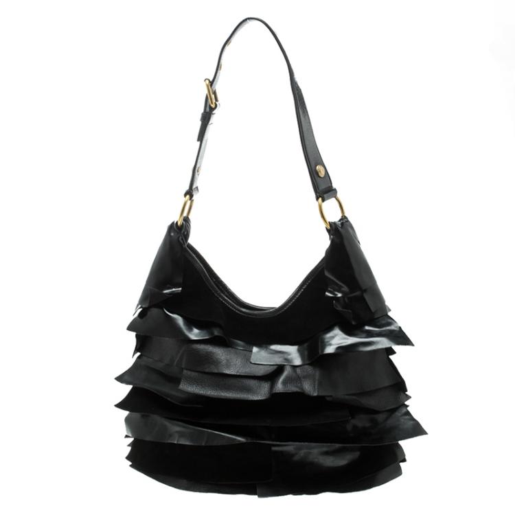 Pre Owned Saint Laurent Black Leather St. Tropez Ruffle Hobo