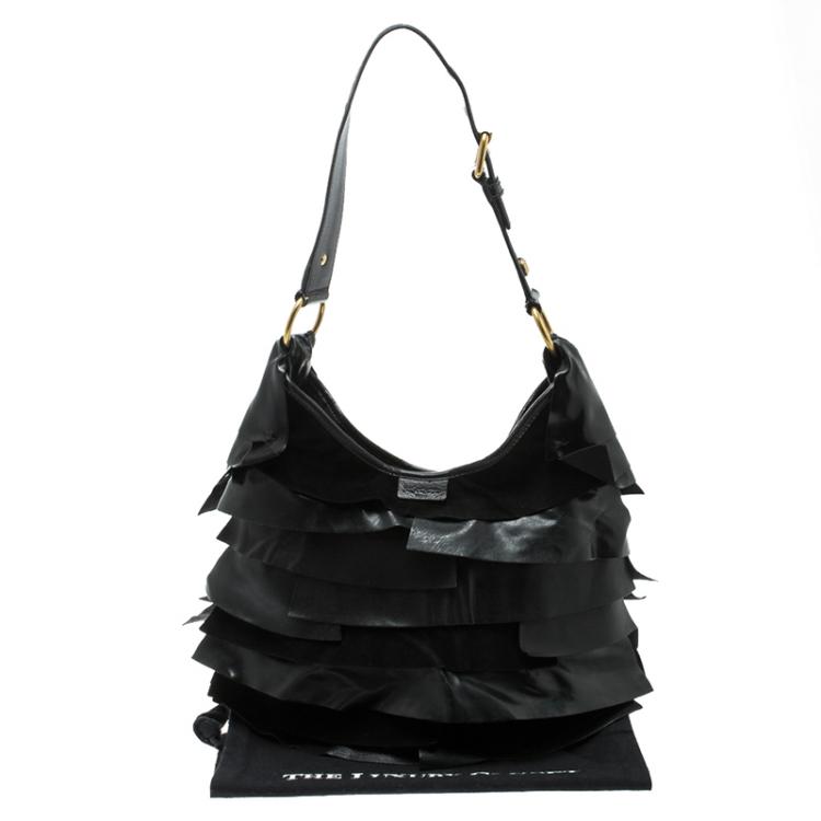 Pre Owned Saint Laurent Black Leather St. Tropez Ruffle Hobo