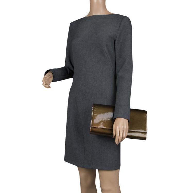 Pre Owned Saint Laurent Olive Green Patent Leather Belle De Jour Flap Clutch